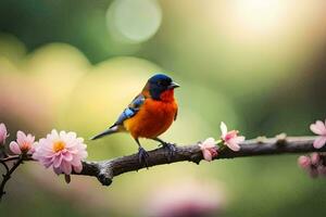 photo wallpaper the bird, flowers, spring, the sun, the bird, spring, the bird. AI-Generated