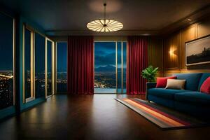 a living room with a view of the city. AI-Generated photo