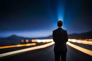 un hombre en un traje soportes en un la carretera a noche. generado por ai foto
