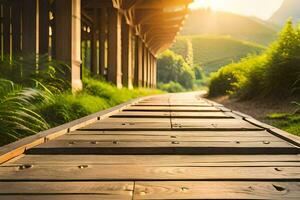 a wooden walkway leads to a green field. AI-Generated photo