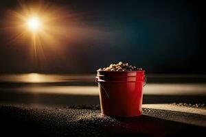 a red bucket filled with sand sits on the beach. AI-Generated photo