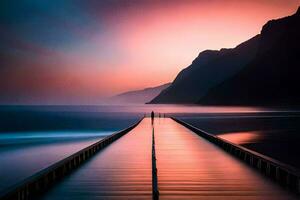 un largo muelle estiramientos dentro el Oceano a puesta de sol. generado por ai foto