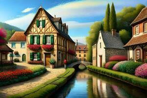 a painting of a small town with a canal and flowers. AI-Generated photo