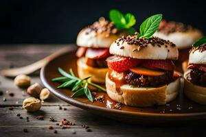 three mini burgers with meat and berries on a plate. AI-Generated photo