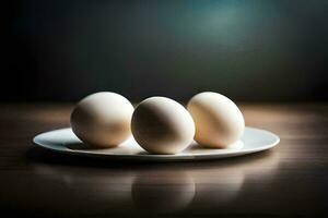 Tres huevos en un lámina. generado por ai foto