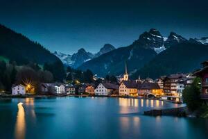 el pueblo de Suiza a noche. generado por ai foto