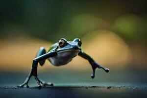 a frog jumping on the ground. AI-Generated photo