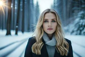 un hermosa rubia mujer en un invierno bosque. generado por ai foto