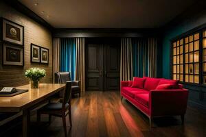 un hotel habitación con un rojo sofá y un escritorio. generado por ai foto