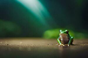 a frog sitting on the ground in front of a green background. AI-Generated photo