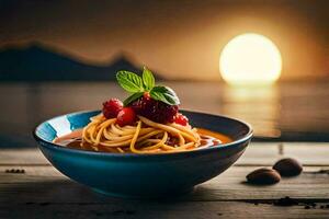 spaghetti with berries and nuts on a wooden table. AI-Generated photo