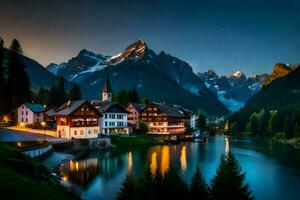 photo wallpaper mountains, the night, the mountains, the lake, the town, the mountains,. AI-Generated