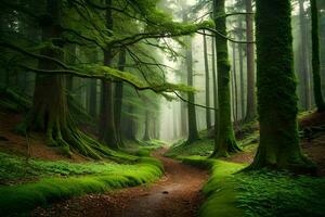 a path through a green forest with mossy trees. AI-Generated photo