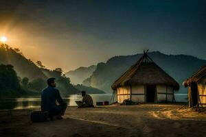 a man sits on the shore of a lake with a hut in the background. AI-Generated photo