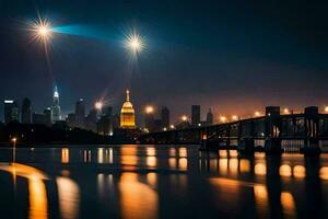 el ciudad horizonte es iluminado arriba a noche con estrellas brillante. generado por ai foto