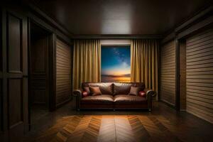 a room with a leather couch and a window looking out to the ocean. AI-Generated photo