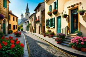 a cobblestone street with colorful flowers and a church. AI-Generated photo