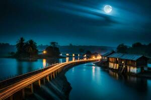 un puente terminado un río a noche con un Luna en el cielo. generado por ai foto