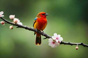 a colorful bird sits on a branch with pink flowers. AI-Generated photo