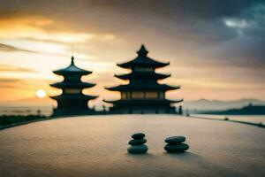 dos piedras son metido en el suelo en frente de un pagoda. generado por ai foto
