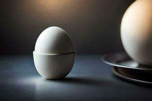 an egg sitting on a plate next to a white egg. AI-Generated photo