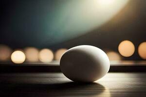 a white ball sits on a table in front of a blurry background. AI-Generated photo