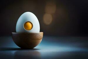 an egg in a wooden bowl. AI-Generated photo