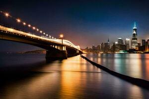 un puente terminado agua a noche con ciudad luces. generado por ai foto