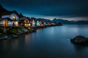 a row of houses on the shore of a lake. AI-Generated photo