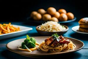 a plate of spaghetti, broccoli and eggs on a table. AI-Generated photo