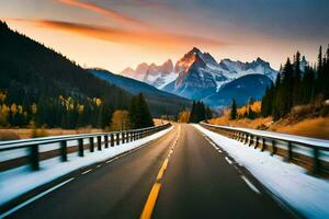 a road in the mountains with snow and mountains in the background. AI-Generated photo