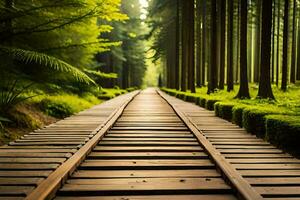 a train track in the middle of a forest. AI-Generated photo