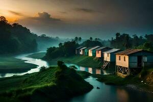 the sun rises over the river and houses in the countryside. AI-Generated photo