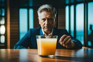 un hombre en un traje sentado a un mesa con un vaso de naranja jugo. generado por ai foto