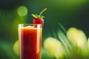 a glass of strawberry juice with a strawberry on top. AI-Generated photo