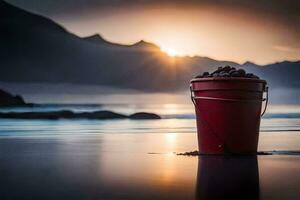a bucket of rocks on the beach at sunset. AI-Generated photo