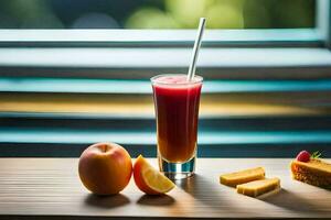 a glass of juice with a slice of fruit next to it. AI-Generated photo