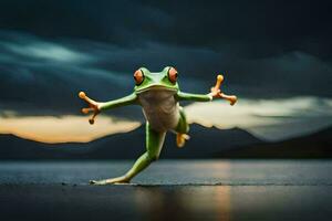 a frog jumping in the air with its arms outstretched. AI-Generated photo