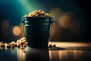 a bucket of peanuts on a table. AI-Generated photo