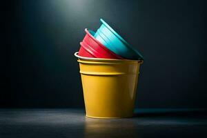 a stack of colorful plastic buckets on a dark surface. AI-Generated photo