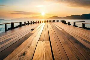 a wooden pier with the sun setting over the water. AI-Generated photo