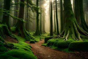 a path through a forest with mossy trees. AI-Generated photo