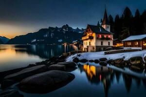 un Iglesia en el nieve a noche. generado por ai foto