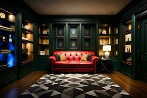 a room with a red couch and black walls. AI-Generated photo