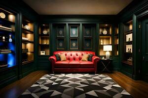 a room with a red couch and black walls. AI-Generated photo