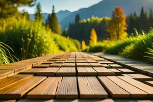 a wooden walkway in the middle of a field. AI-Generated photo