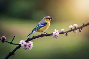 a bird sits on a branch with pink flowers. AI-Generated photo