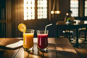 two glasses of juice on a wooden table. AI-Generated photo