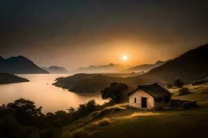 the sun rises over a lake and a small house in the mountains. AI-Generated photo