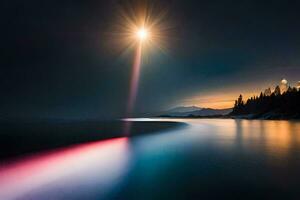 a long exposure photograph of a lighthouse in the dark. AI-Generated photo